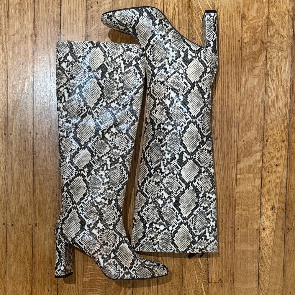 Zara Snake-Print Knee-High Heeled Boots - Beige /black
